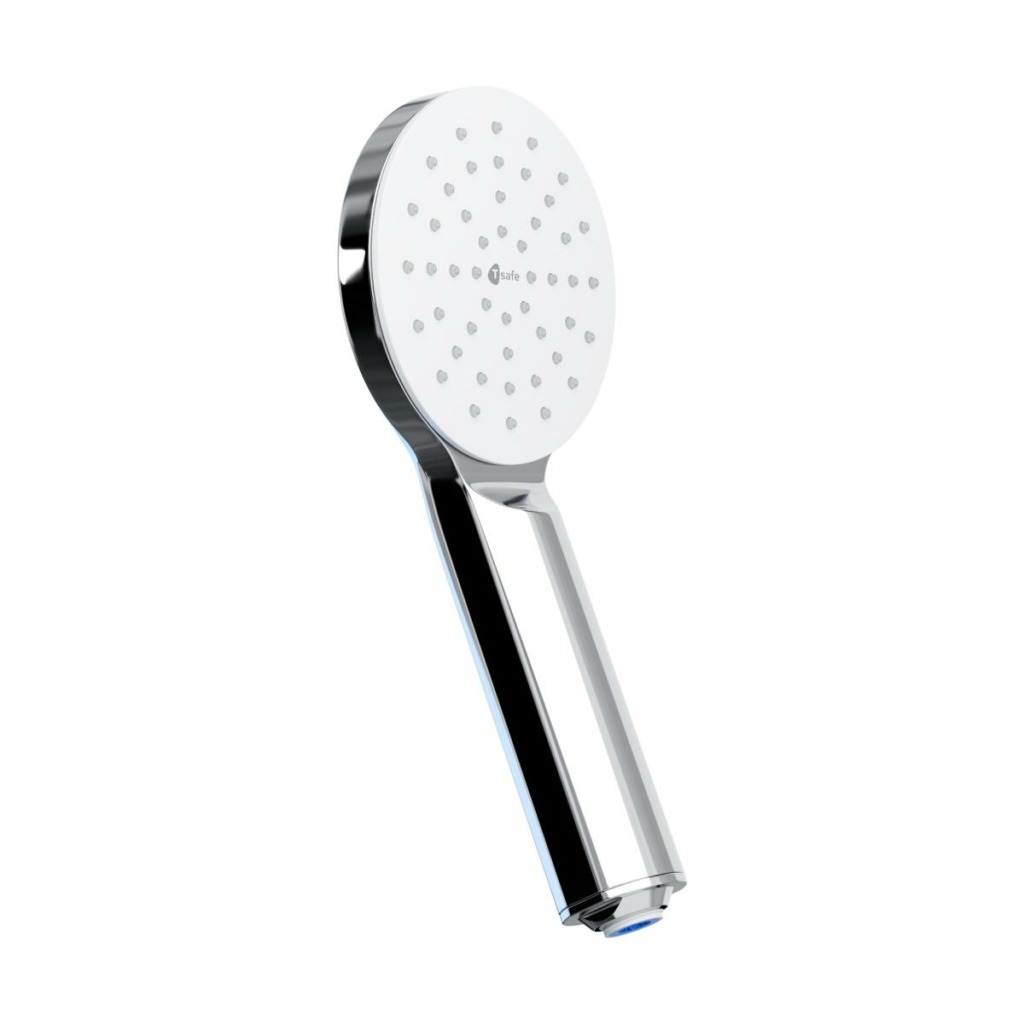 A T-safe Aegis Hand Shower Filter seen from a low angle on a white background.