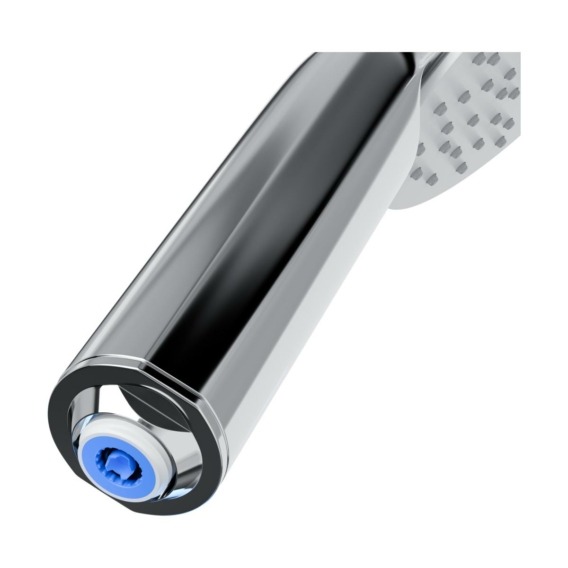 Close-up of the bottom of a T-safe Aegis Hand Shower Filter, showcasing a design for easy and fast installation to a shower.