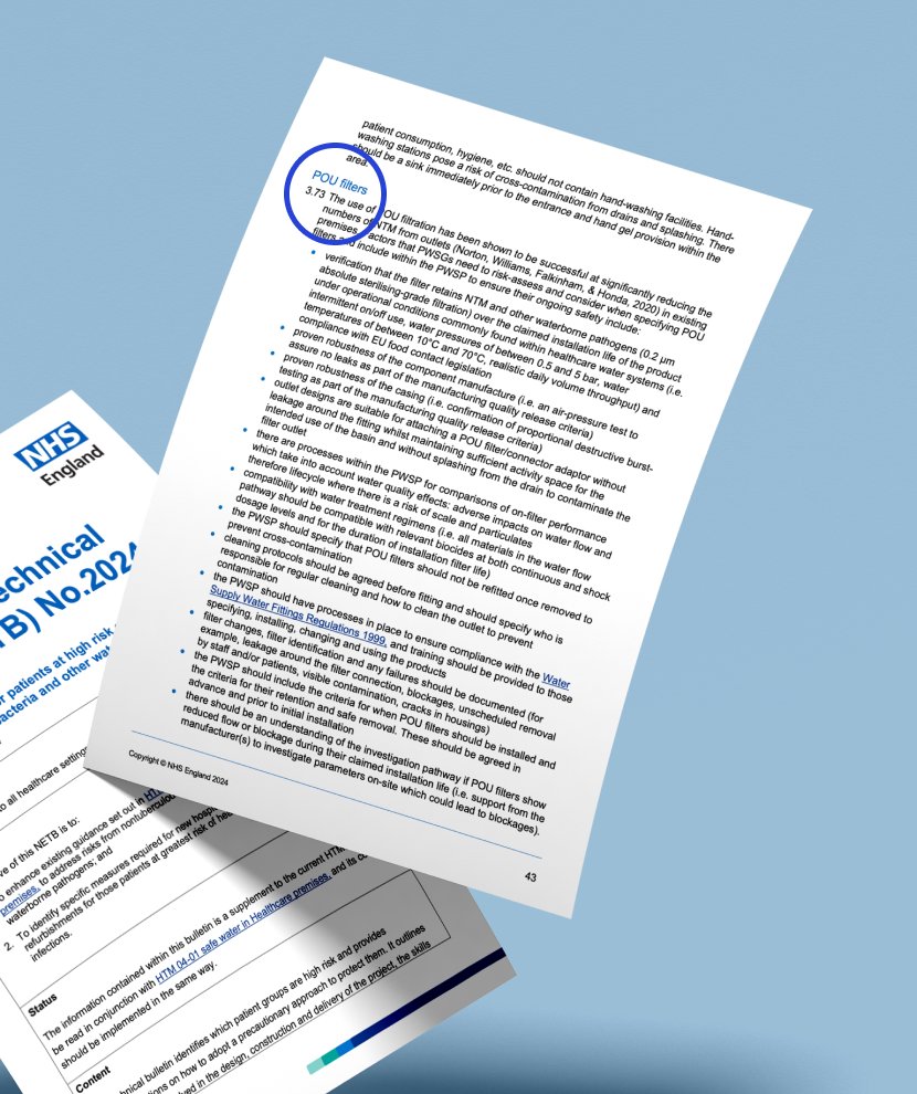 Two pages floating on a blue background with content from the NHS Estates Technical Bulletin (NETB) 2024/3 report