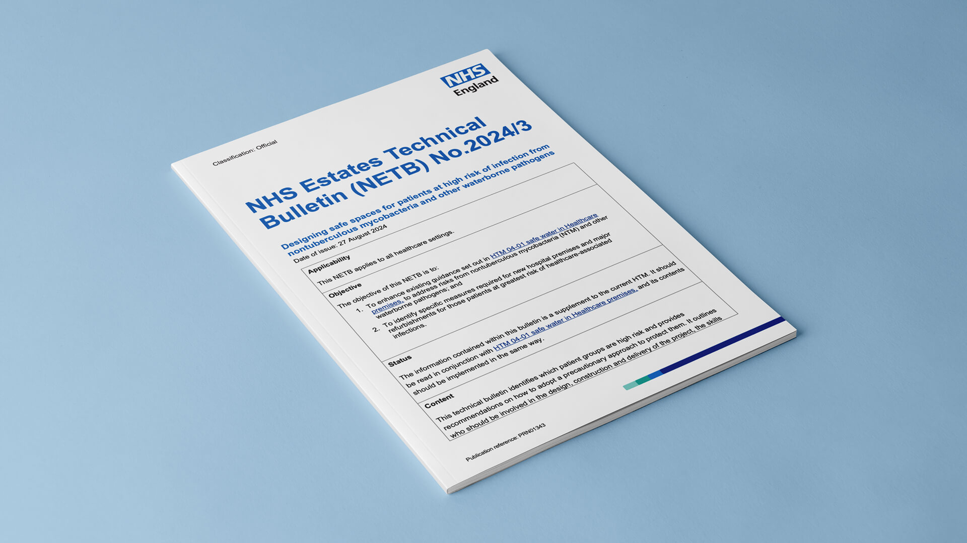 NHS Estates Technical Bulletin (NETB) No.2024/3 report on a blue background