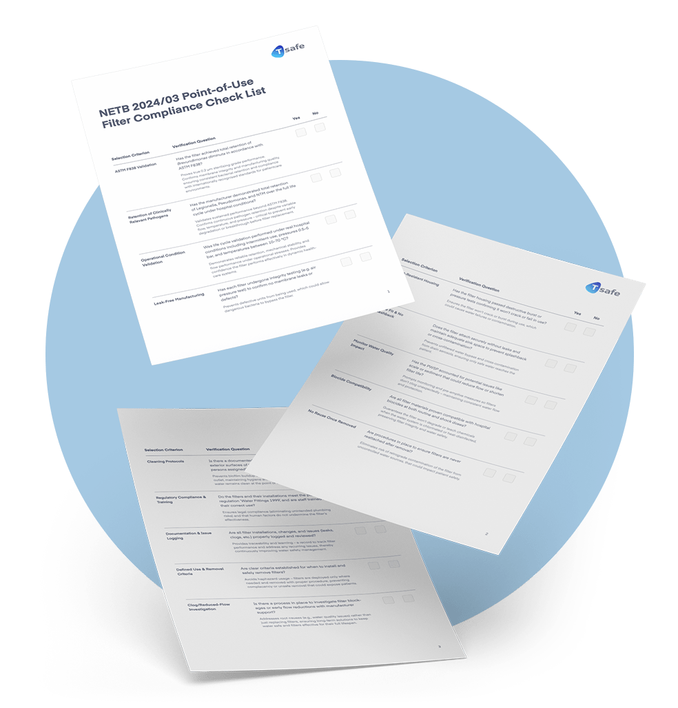 A document of NETB 2024/03 Point-Of-Use Filter Compliance Checklist. Visually it consists of three pieces of paper floating in the air on top of a blue circle.
