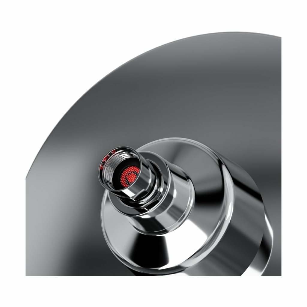 Close-up of the bottom of a T-safe Aegis Overhead Shower Filter, showcasing a design for easy and fast installation to a shower.