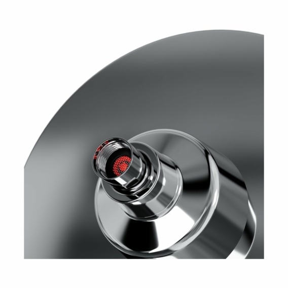 Close-up of the bottom of a T-safe Aegis Overhead Shower Filter, showcasing a design for easy and fast installation to a shower.