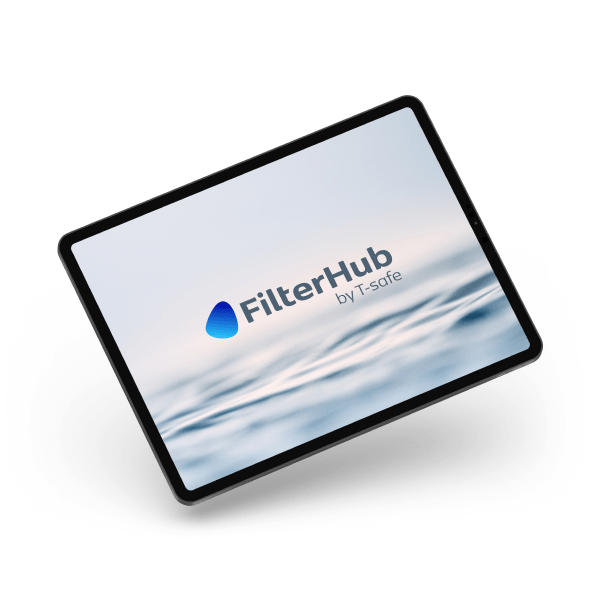 A tablet displaying the FilterHub by T-safe logo.